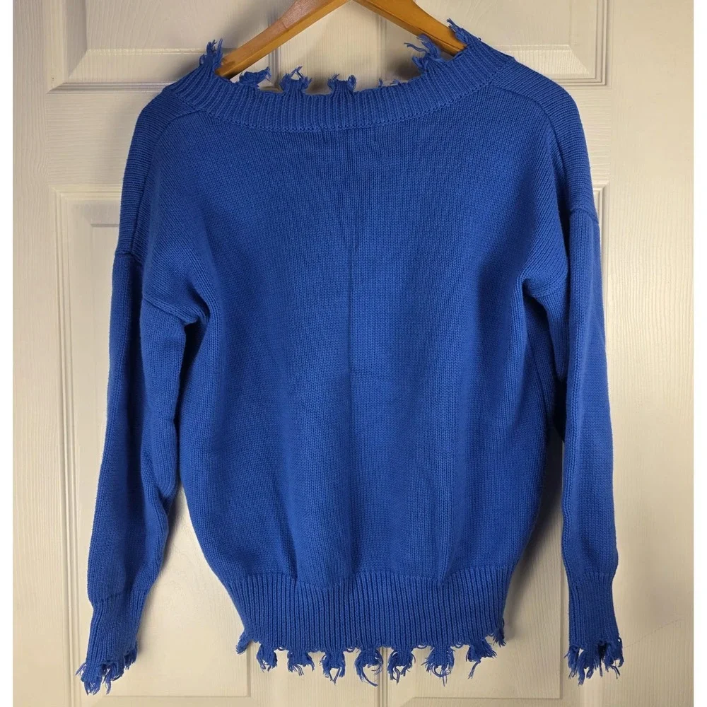 Peach Love California Royal Blue VNeck Sweater M Knit‎ Fringe Grunge Distressed
